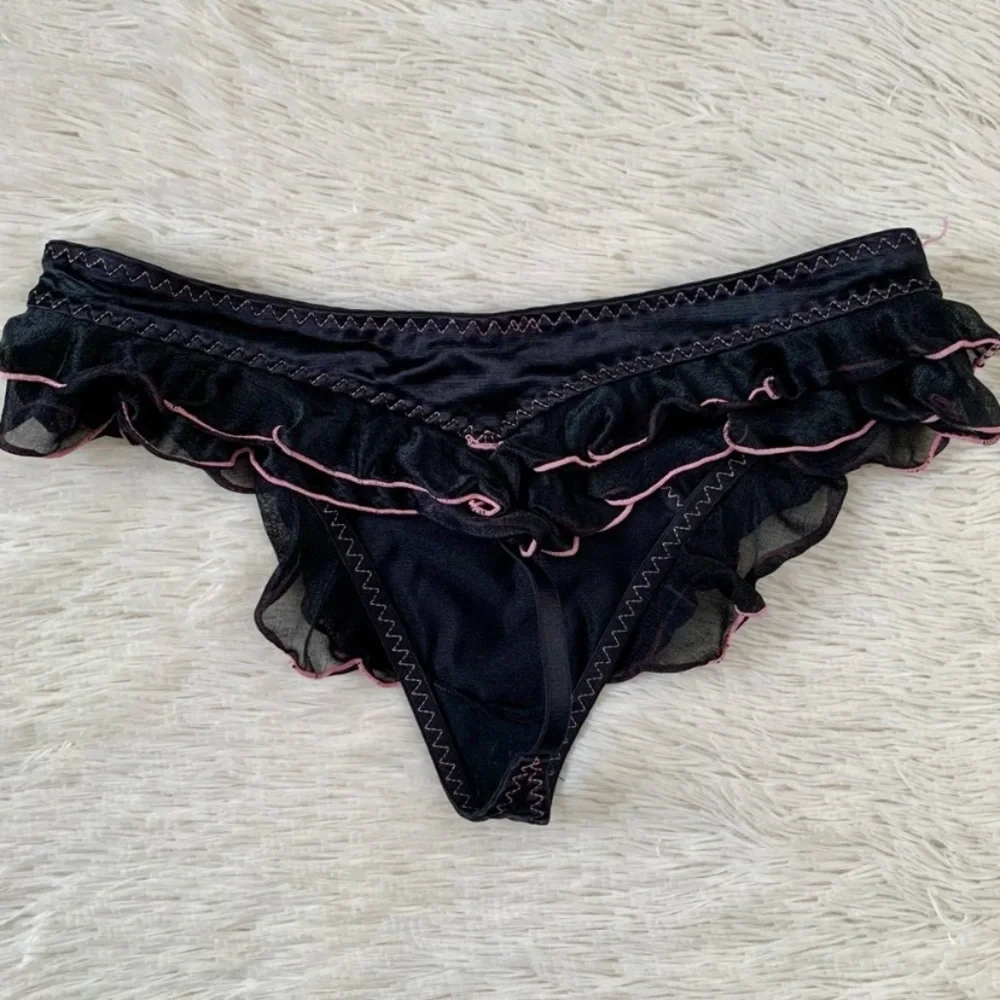 Vintage Y2K Black Satin Corset Style Slip w Pink Trim Set